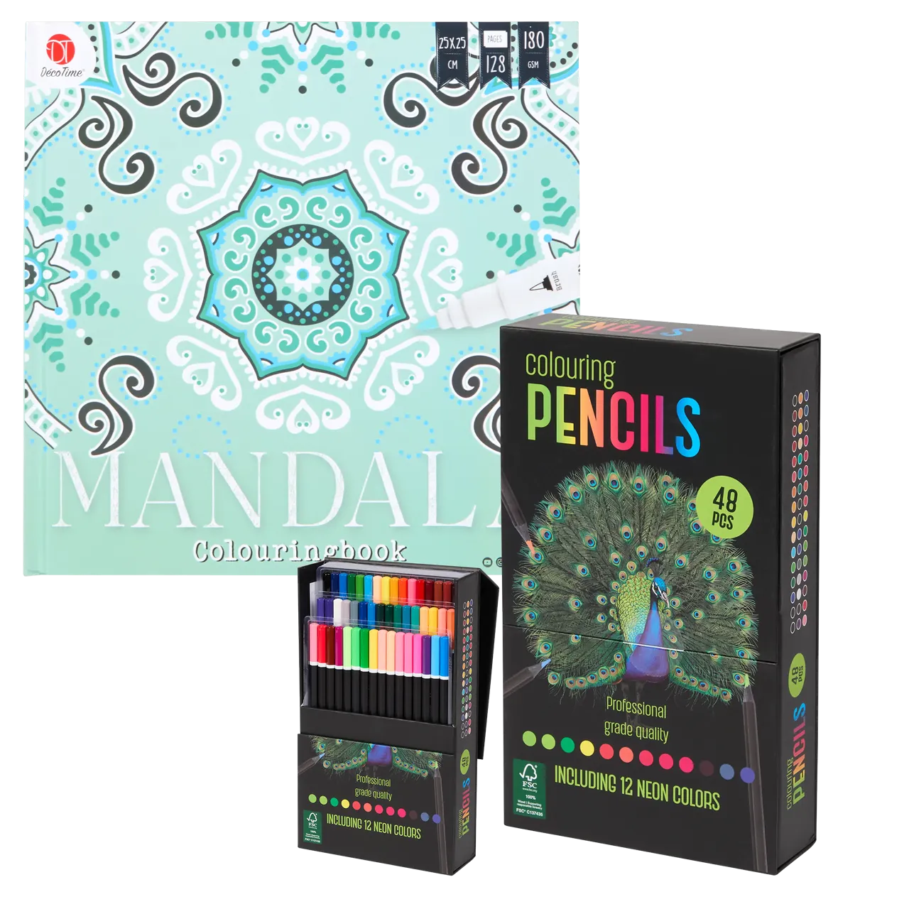 Set Carte de Colorat Antistres Mandala + Trusă 48 Creioane Premium - 128 pagini 180 g/m² 12 Culori Neon - 3218268-48cre - 8721042515025 - 1