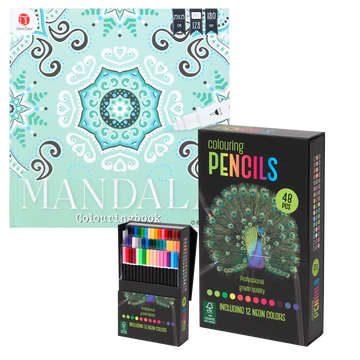 Set Carte de Colorat Antistres Mandala + Trusă 48 Creioane Premium - 128 pagini 180 g/m² 12 Culori Neon - 3218268-48cre - 8721042515025 - 1