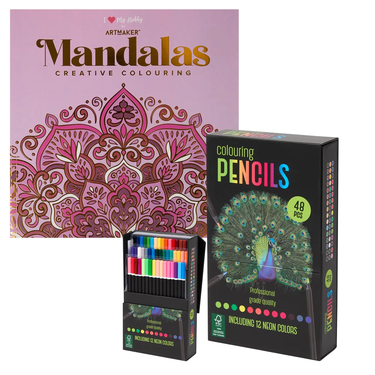 Set Carte de Colorat Antistres Mandala + Trusă 48 Creioane Premium - pagini 140 g/m² 12 Culori Neon - 3220096-48cr - 8719668039094 - 1