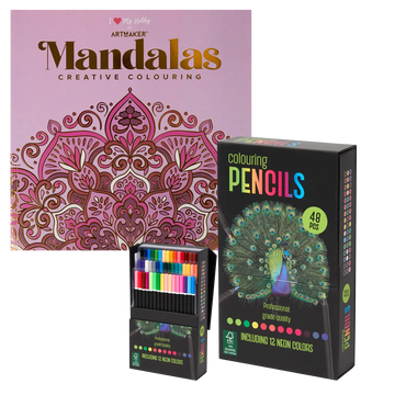 Set Carte de Colorat Antistres Mandala + Trusă 48 Creioane Premium - pagini 140 g/m² 12 Culori Neon - 3220096-48cr - 8719668039094 - 1