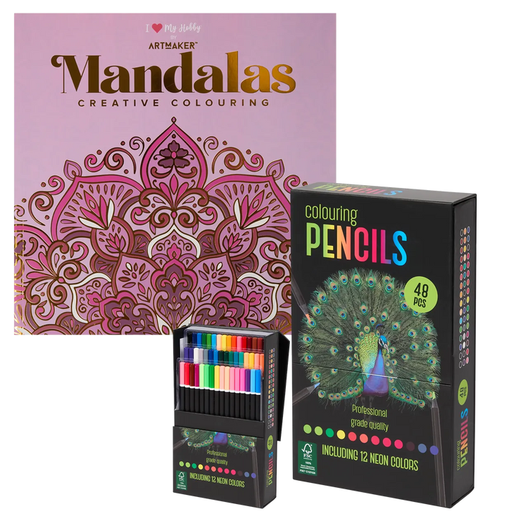 Set Carte de Colorat Antistres Mandala + Trusă 48 Creioane Premium - pagini 140 g/m² 12 Culori Neon - 3220096-48cr - 8719668039094 - 1
