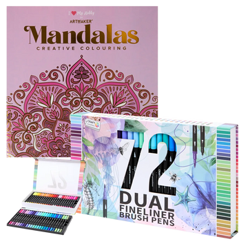 Set Carte de Colorat Antistres Mandala + Trusă 72 Carioci cu Vârfuri Duble - 48 pagini 140 g/m² Finelinere 0.4 mm + tip Pensulă 1.2