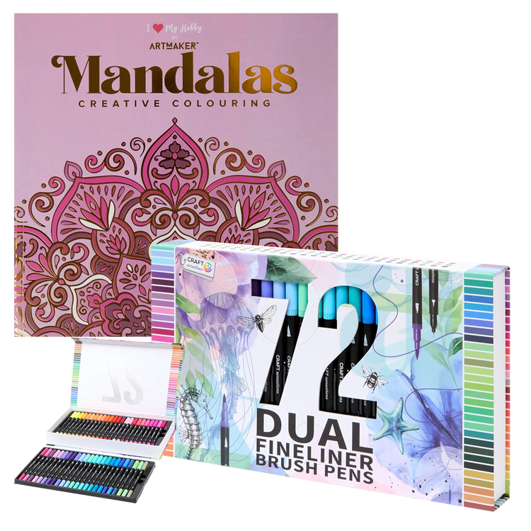 Set Carte de Colorat Antistres Mandala + Trusă 72 Carioci cu Vârfuri Duble - 48 pagini 140 g/m² Finelinere 0.4 mm + tip Pensulă 1.2