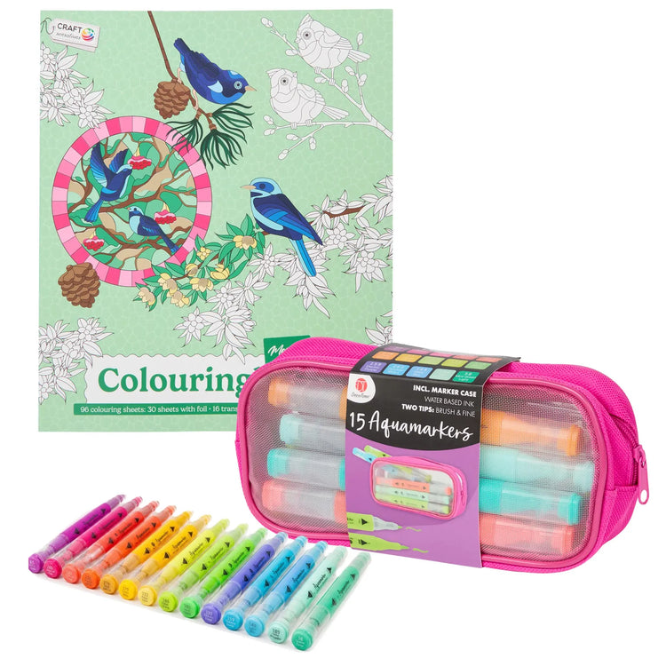 Set Carte de Colorat Antistres Mosaic + Trusă 15 Markere cu Vârfuri Duble pe Bază Apă - 96 pagini - 8715427172835-15marker - 8715427172835