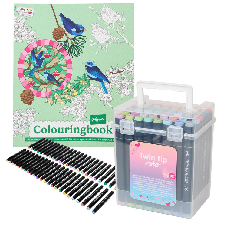 Set Carte de Colorat Antistres Mosaic + Trusă 48 Carioci cu Vârfuri Duble - 96 pagini - 8715427172835-48-carioci - 8715427172835 - 1
