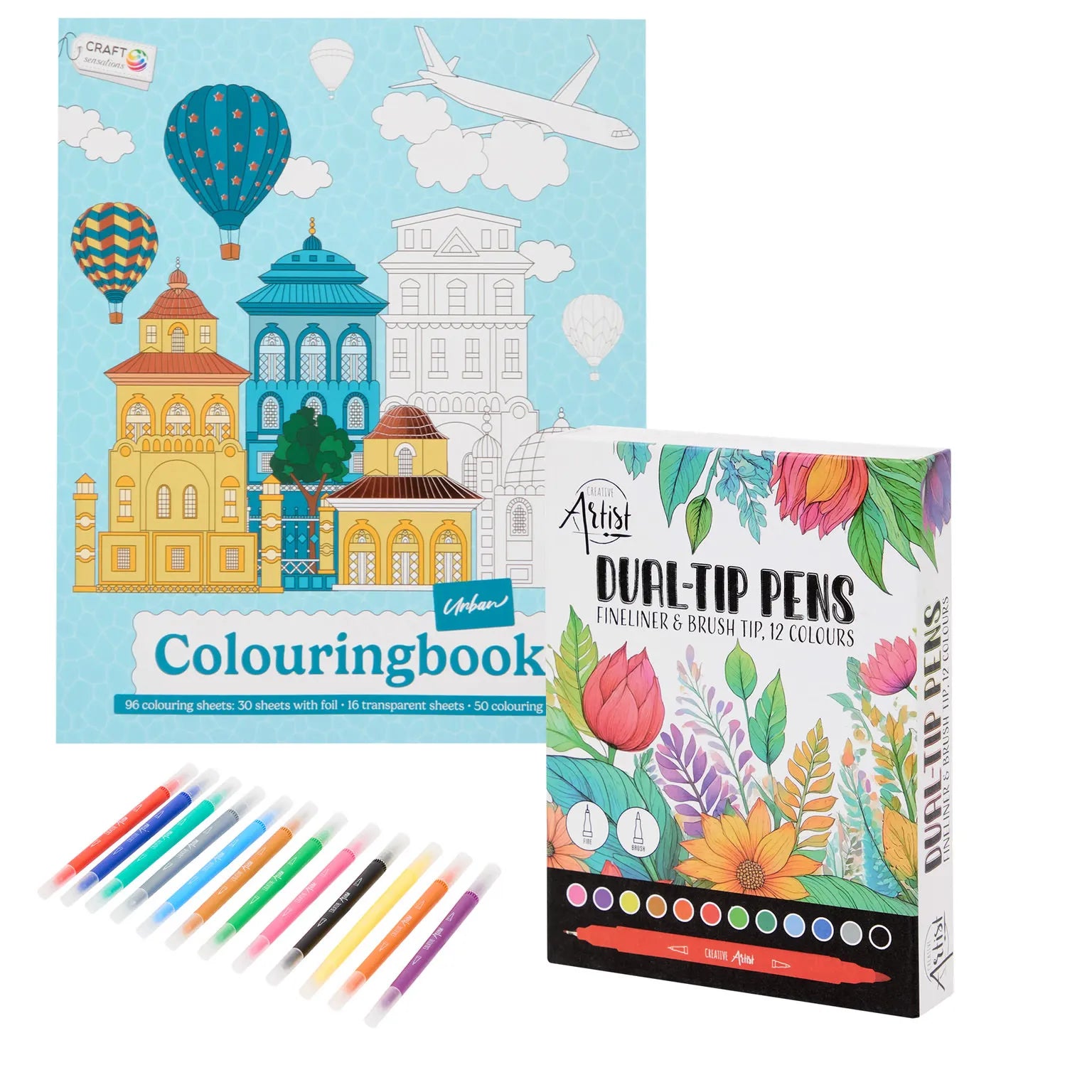 Set Carte de Colorat Antistres Urban + Trusă 12 Carioci cu Vârfuri Duble - 96 pagini - 8715427172828-12-carioci - 8715427172828 - 1