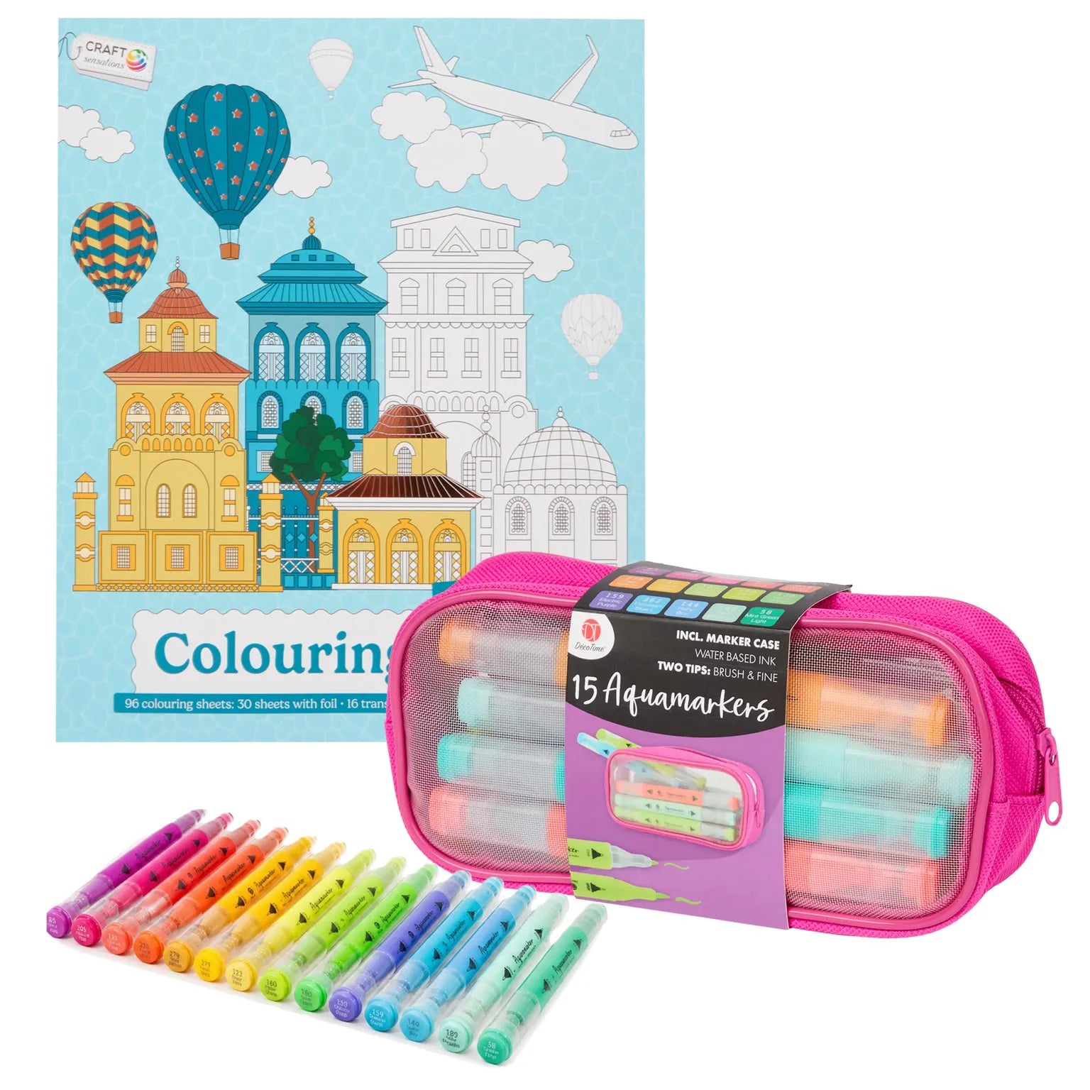 Set Carte de Colorat Antistres Urban + Trusă 15 Markere cu Vârfuri Duble pe Bază Apă - 96 pagini - 8715427172828-15marker - 8715427172828