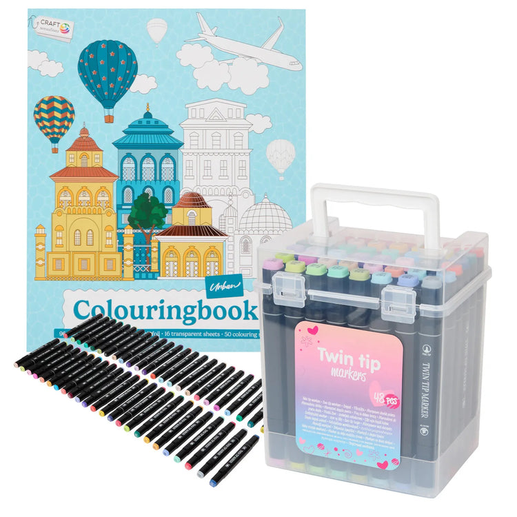 Set Carte de Colorat Antistres Urban + Trusă 48 Carioci cu Vârfuri Duble - 96 pagini - 8715427172828-48-carioci - 8715427172828 - 1