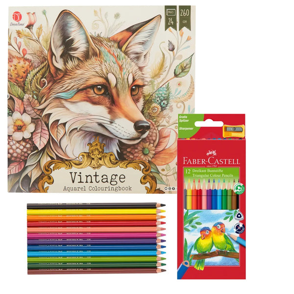 Set Carte de Colorat Antistres Vintage Animals + 12 Creioane Faber-Castell - 24 pagini, 260 g/m² – imagine 1