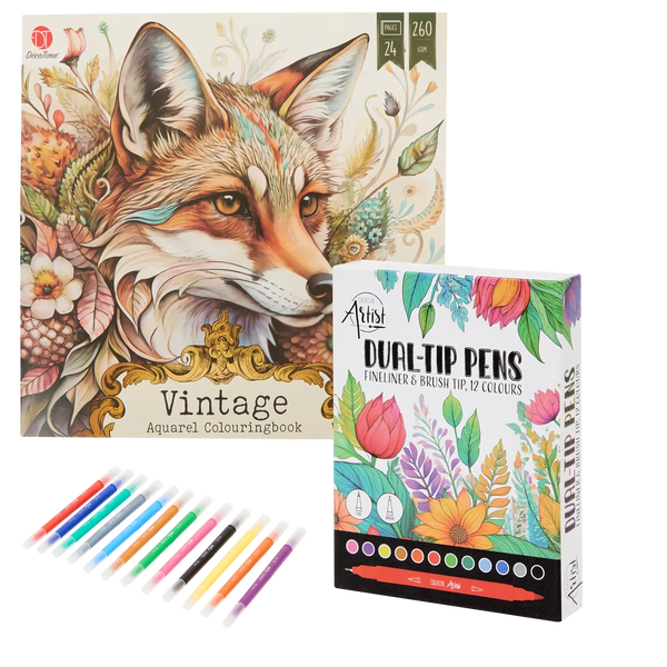 Set Carte de Colorat Antistres Vintage Animals + Trusă 12 Markere cu Vârfuri Duble - 24 pagini, 260 g/m², Finelinere + Vârf tip Pensulă – imagine 1