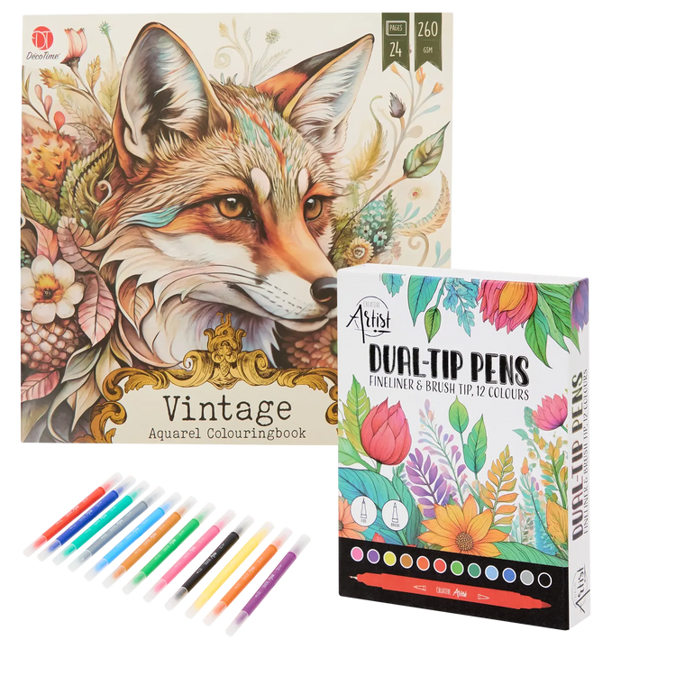 Set Carte de Colorat Antistres Vintage Animals + Trusă 12 Markere cu Vârfuri Duble - 24 pagini, 260 g/m², Finelinere + Vârf tip Pensulă – imagine 1