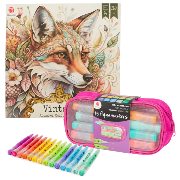 Set Carte de Colorat Antistres Vintage Animals + Trusă 15 Markere cu Vârfuri Duble pe Bază de Apă - 24 pagini, 260 g/m² – imagine 1