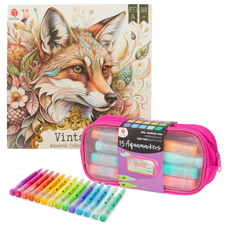 Set Carte de Colorat Antistres Vintage Animals + Trusă 15 Markere cu Vârfuri Duble pe Bază de Apă - 24 pagini, 260 g/m² – imagine 1