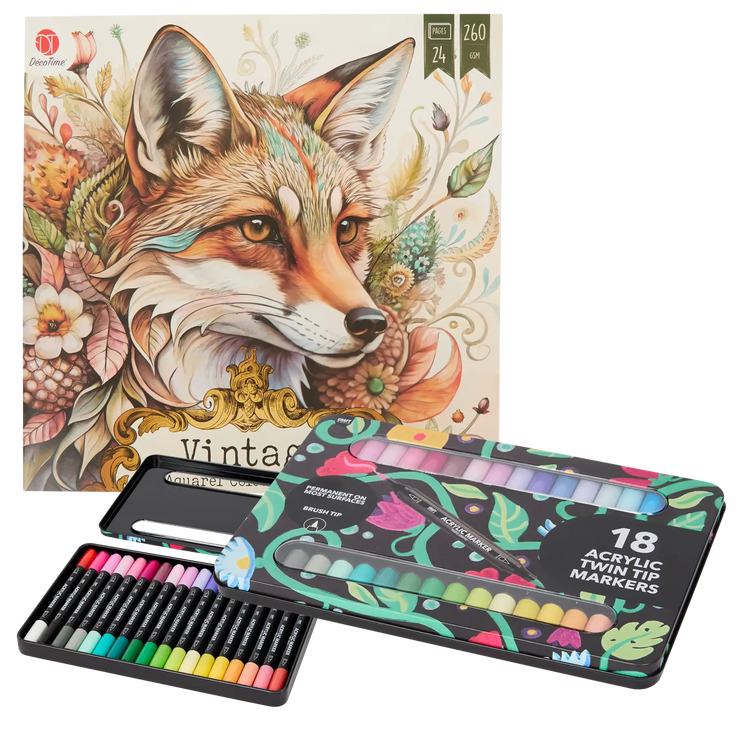 Set Carte de Colorat Antistres Vintage Animals + Trusă 36 Markere Acrilice - 24 pagini, 260 g/m² – imagine 1