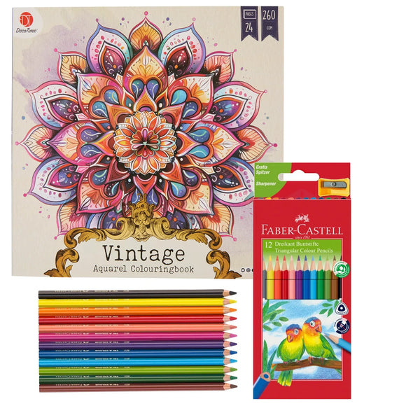 Set Carte de Colorat Antistres Vintage Mandala + 12 Creioane Faber-Castell - 24 pagini, 260 g/m² – imagine 1