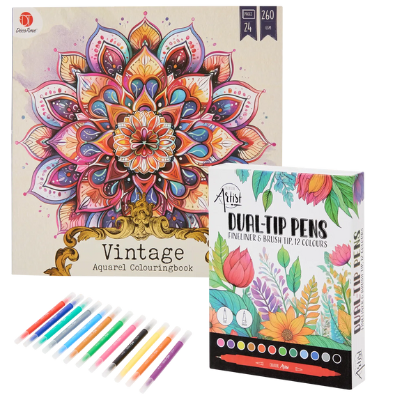 Set Carte de Colorat Antistres Vintage Mandala + Trusă 12 Markere cu Vârfuri Duble - 24 pagini, 260 g/m², Finelinere + Vârf tip Pensulă – imagine 1