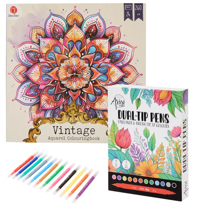 Set Carte de Colorat Antistres Vintage Mandala + Trusă 12 Markere cu Vârfuri Duble - 24 pagini, 260 g/m², Finelinere + Vârf tip Pensulă – imagine 1