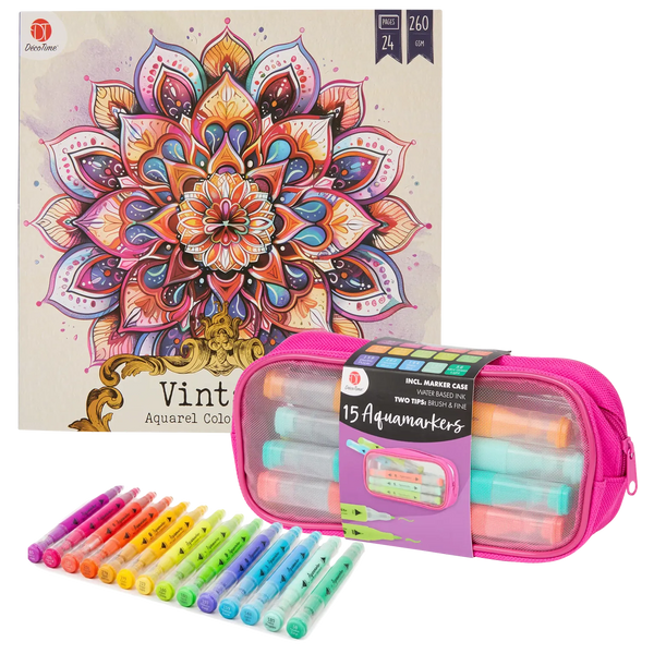 Set Carte de Colorat Antistres Vintage Mandala + Trusă 15 Markere cu Vârfuri Duble pe Bază de Apă - 24 pagini, 260 g/m² – imagine 1