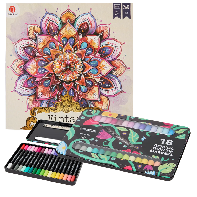 Set Carte de Colorat Antistres Vintage Mandala + Trusă 36 Markere Acrilice - 24 pagini, 260 g/m² – imagine 1