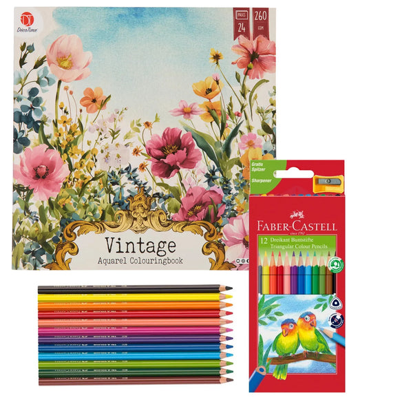 Set Carte de Colorat Antistres Vintage Nature + 12 Creioane Faber-Castell - 24 pagini, 260 g/m² – imagine 1