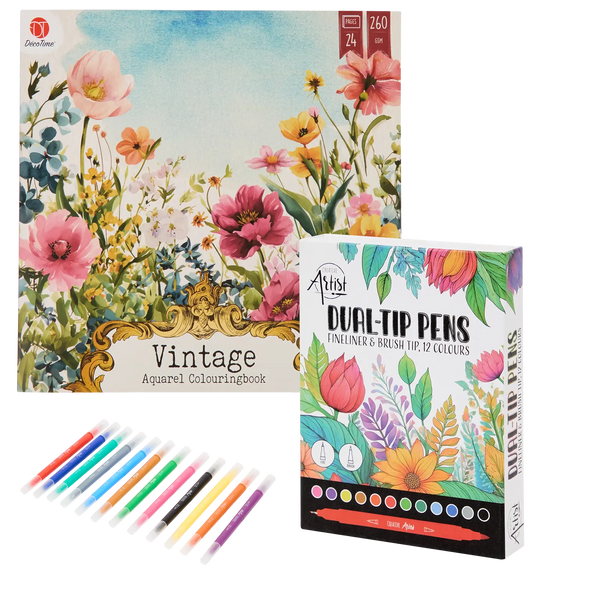 Set Carte de Colorat Antistres Vintage Nature + Trusă 12 Markere cu Vârfuri Duble - 24 pagini, 260 g/m², Finelinere + Vârf tip Pensulă – imagine 1