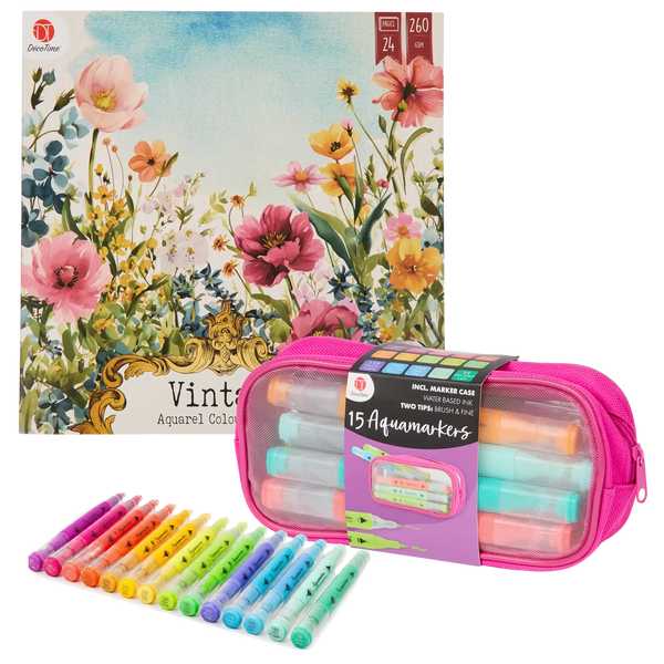 Set Carte de Colorat Antistres Vintage Nature + Trusă 15 Markere cu Vârfuri Duble pe Bază de Apă - 24 pagini, 260 g/m² – imagine 1