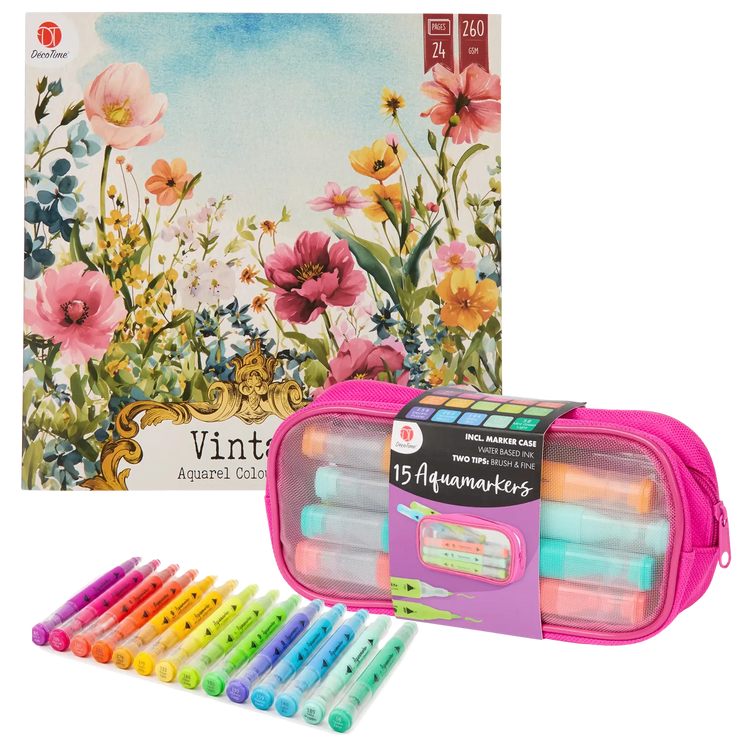 Set Carte de Colorat Antistres Vintage Nature + Trusă 15 Markere cu Vârfuri Duble pe Bază de Apă - 24 pagini, 260 g/m² – imagine 1