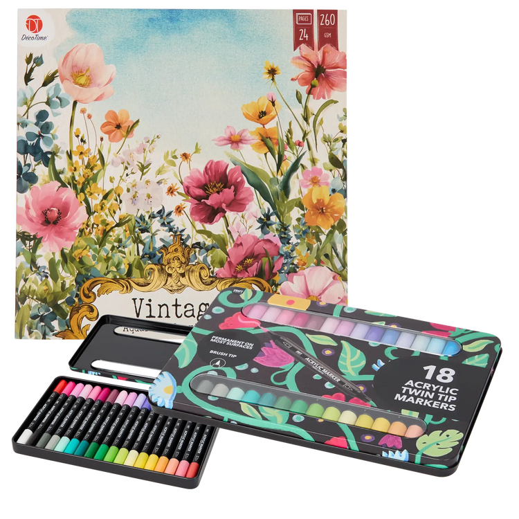 Set Carte de Colorat Antistres Vintage Nature + Trusă 36 Markere Acrilice - 24 pagini, 260 g/m² – imagine 1