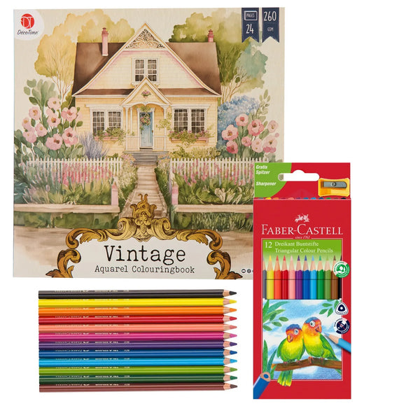 Set Carte de Colorat Antistres Vintage Scenes + 12 Creioane Faber-Castell - 24 pagini, 260 g/m² – imagine 1