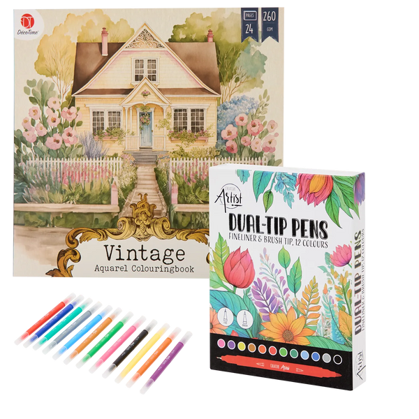 Set Carte de Colorat Antistres Vintage Scenes + Trusă 12 Markere cu Vârfuri Duble - 24 pagini, 260 g/m², Finelinere + Vârf tip Pensulă – imagine 1