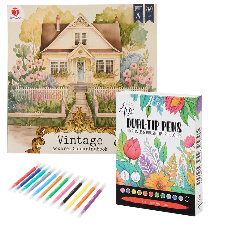 Set Carte de Colorat Antistres Vintage Scenes + Trusă 12 Markere cu Vârfuri Duble - 24 pagini, 260 g/m², Finelinere + Vârf tip Pensulă – imagine 1