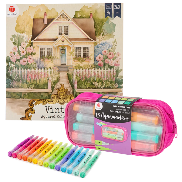 Set Carte de Colorat Antistres Vintage Scenes + Trusă 15 Markere cu Vârfuri Duble pe Bază de Apă - 24 pagini, 260 g/m² – imagine 1