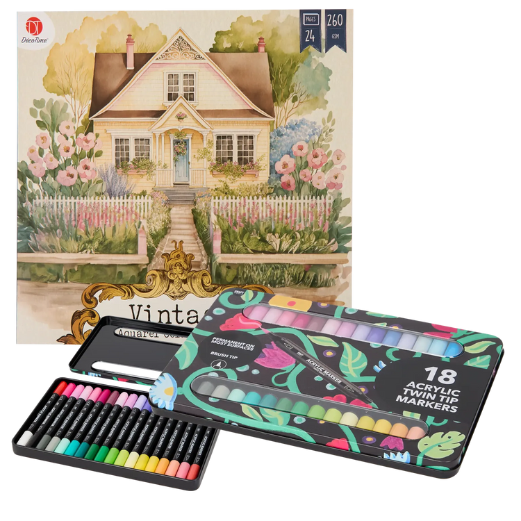 Set Carte de Colorat Antistres Vintage Scenes + Trusă 36 Markere Acrilice - 24 pagini, 260 g/m² – imagine 1