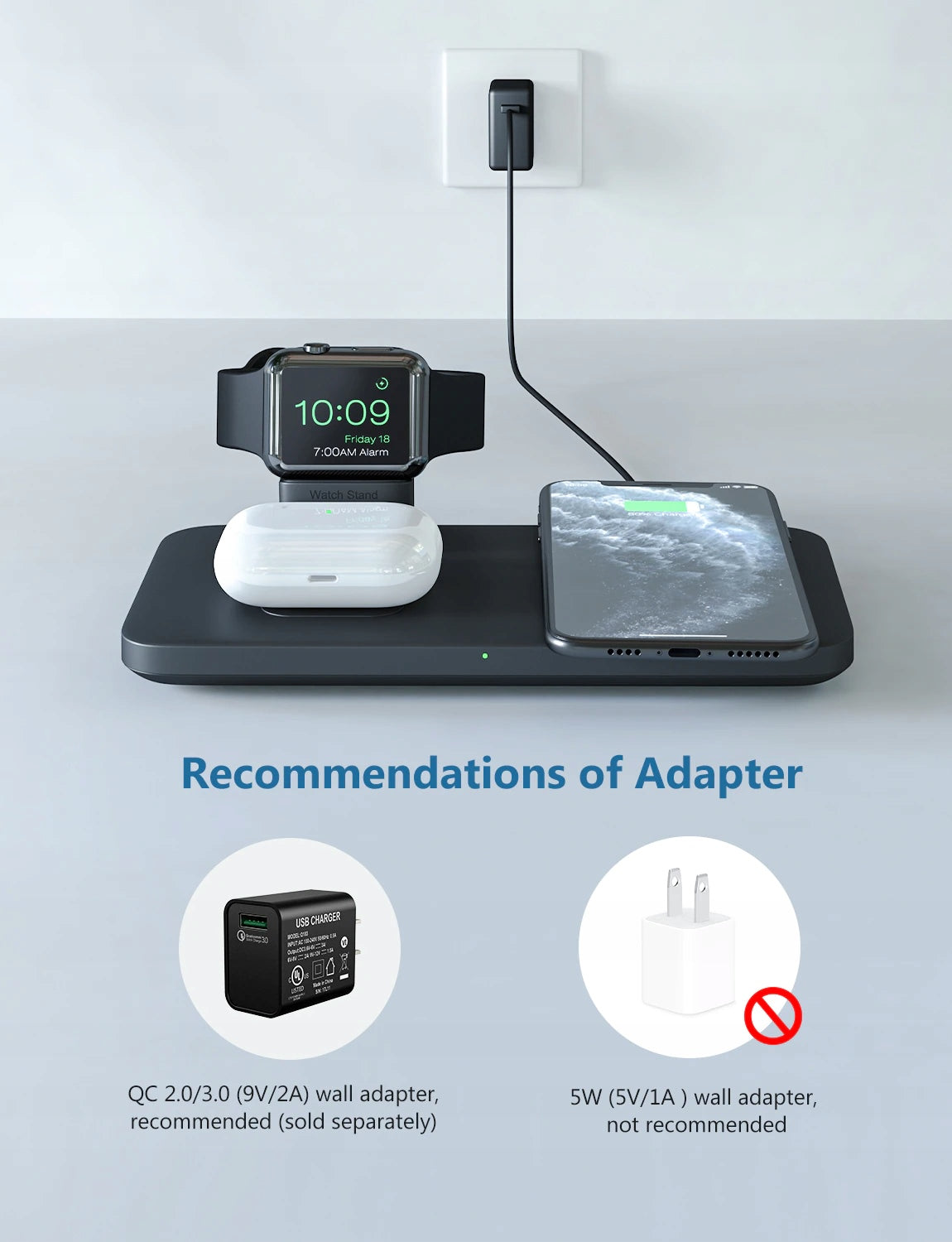 Statie Incarcare Wireless 3-in-1 Seneo PA202A - 10W Smartphone-uri Apple Watch AirPods & TWS - 0718879750055 - 14