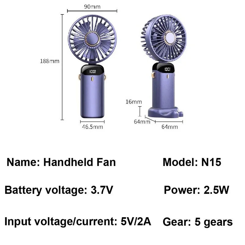 Ventilator Portabil - 5 viteze Afisaj LED Curea gat Ajustare 90° Suport Birou Stand Smartphone 1800 mAh - N-15-Green - 14