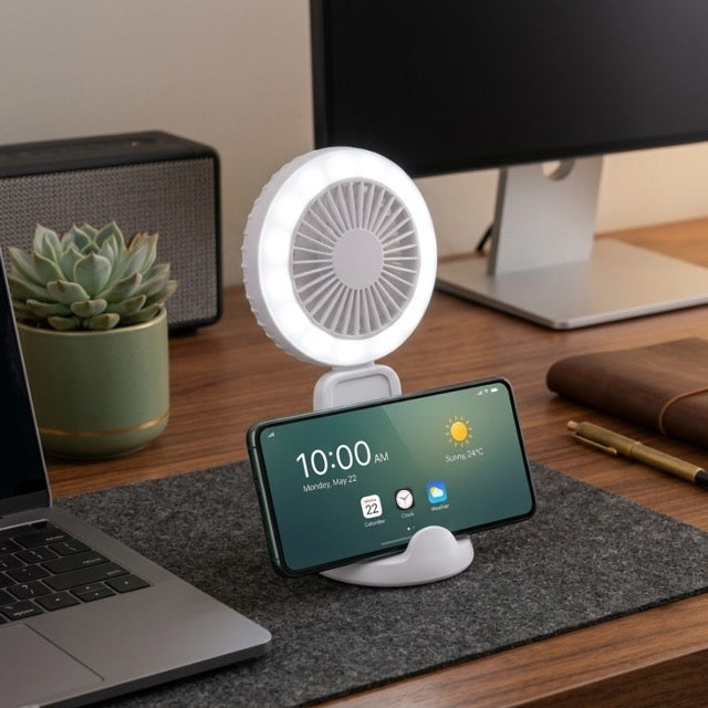 Ventilator Portabil cu LED - 3 viteze Ajustare 90° Suport Birou Stand Smartphone 21 x 10 cm ⌀ - YXLT5137 - 0560624000034 - 4