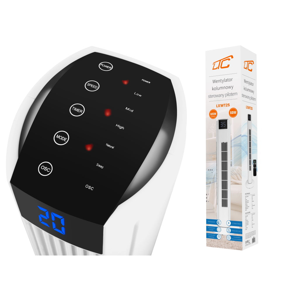 Ventilator Vertical Turn Oscilant LTC LXWT25 cu Telecomanda - 50W 82 cm 3 Moduri Timer LCD Sleep Mode - RTV0600015 - 5902270765069