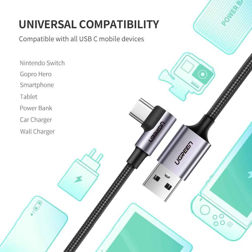 Cablu Incarcare & Date USB la USB-C curbat 90° Ugreen - 18W Quick Charge 3.0/2.0 Adaptive Fast Charging 3A - 50941 - 6957303859412 - 6