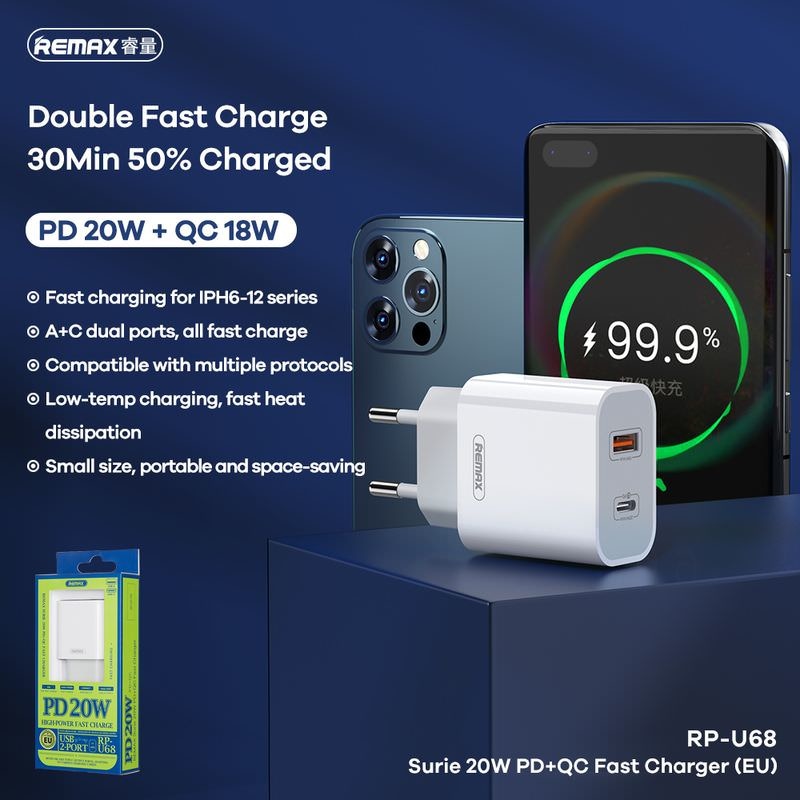 Incarcator Priza Remax Surie RP-U68 - USB-C + USB 20W Power Delivery Quick Charge - 6954851272151 - 2